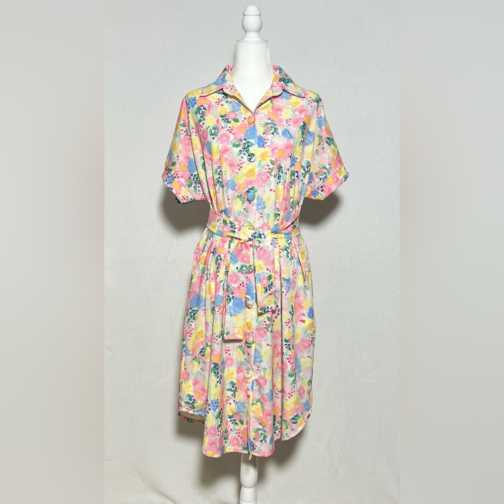 LAZY BUTTON Floral Pastels Midi Shirt Dress with Removable Belt - size XL